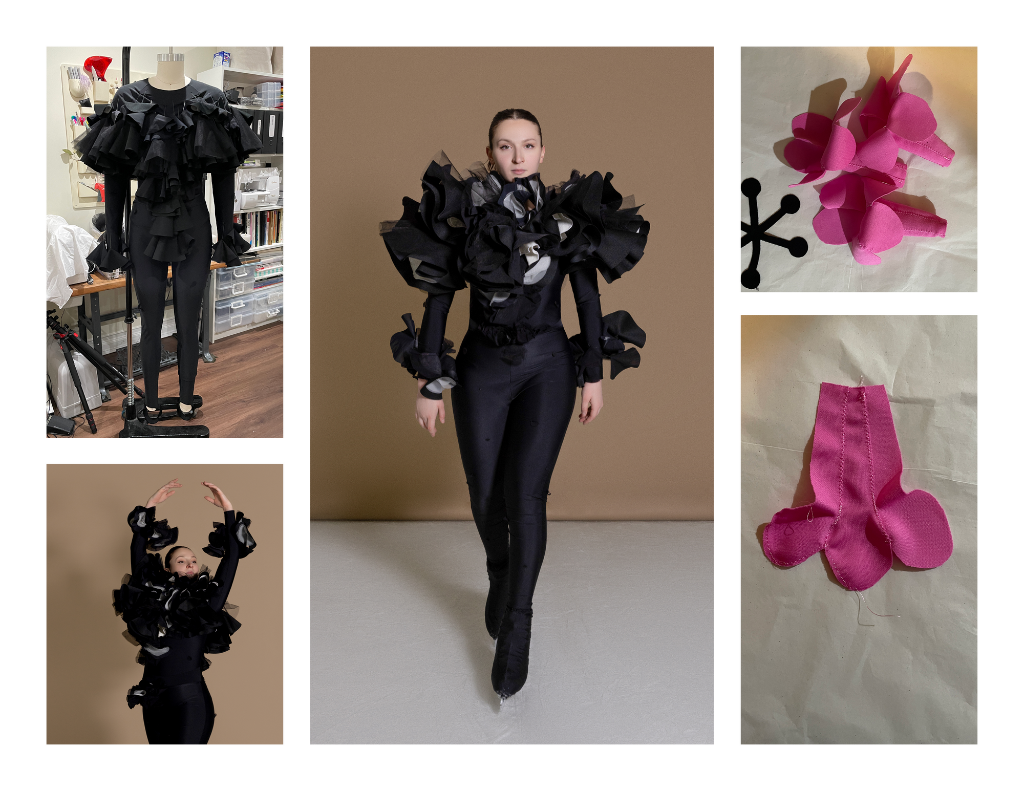 Rhododendrons concept board, garment silhouettes and flower motifs